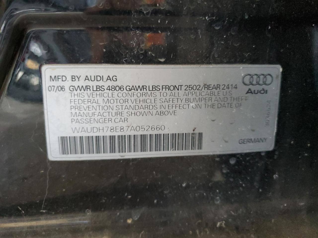 2007 Audi A4 3.2 Quattro VIN: WAUDH78E87A052660 Lot: 84833995