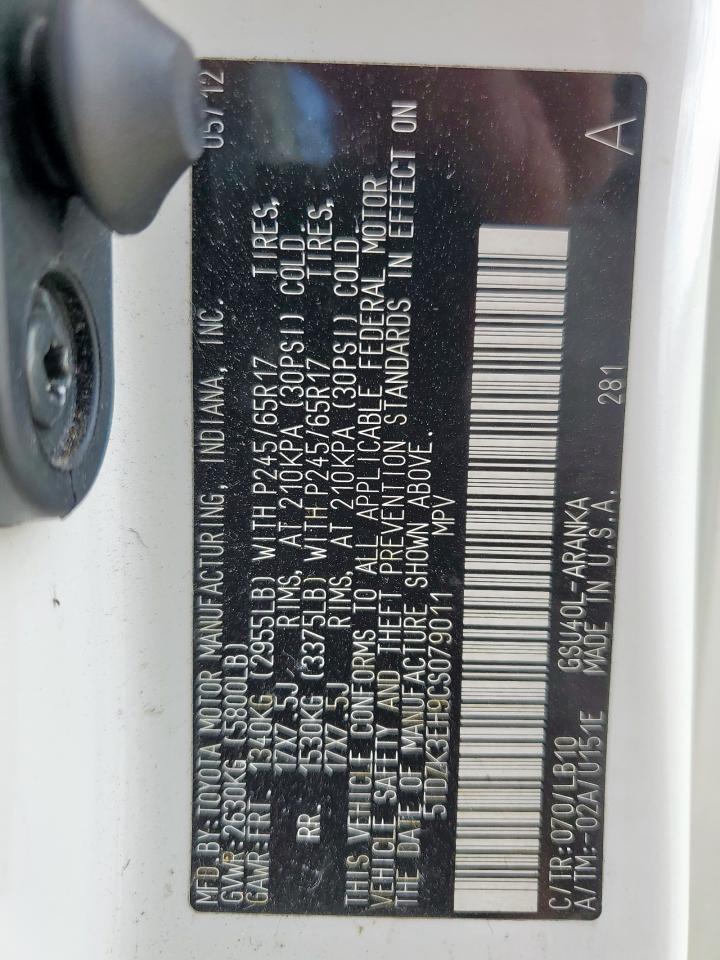 2012 Toyota Highlander Base VIN: 5TDZK3EH9CS079011 Lot: 82259065