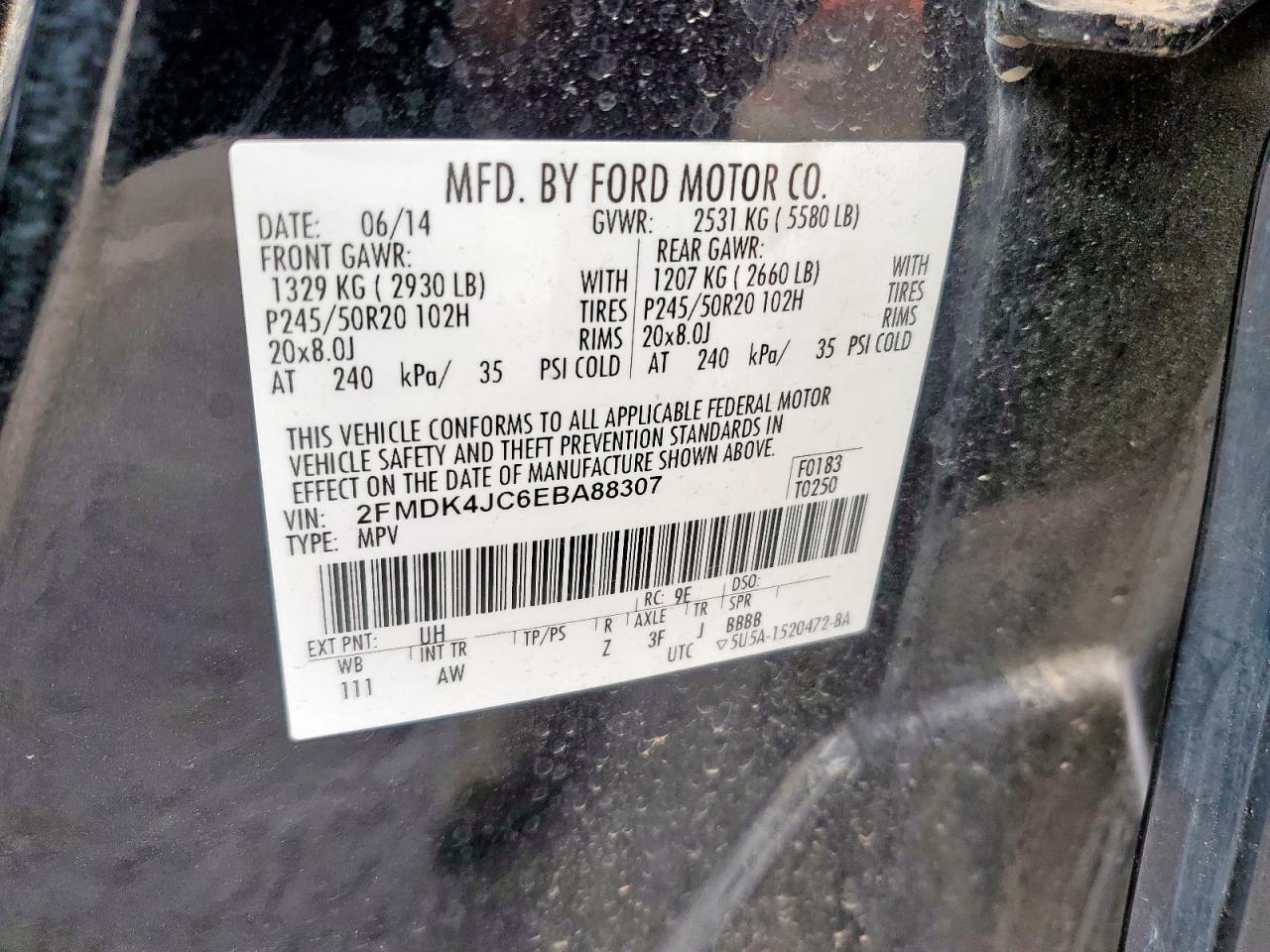 2014 Ford Edge Sel VIN: 2FMDK4JC6EBA88307 Lot: 85866905