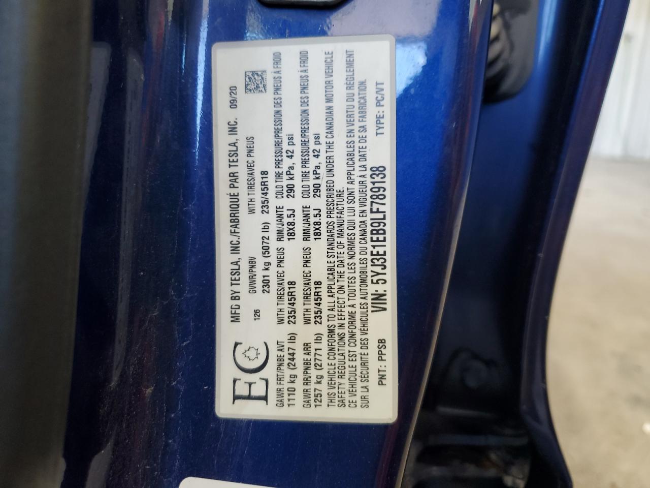 2020 Tesla Model 3 VIN: 5YJ3E1EB9LF789138 Lot: 82331855