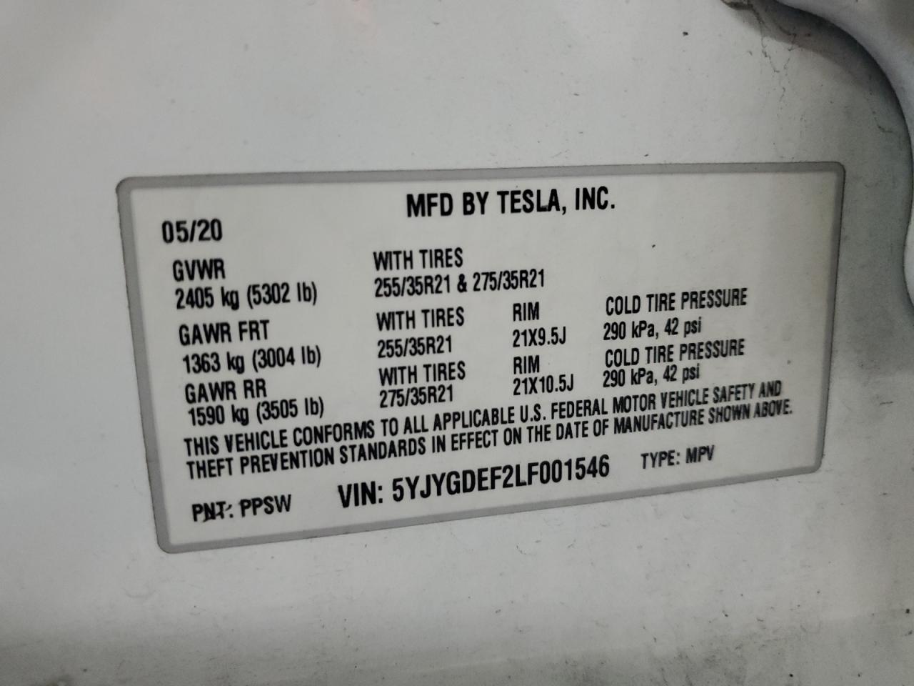 2020 Tesla Model Y VIN: 5YJYGDEF2LF001546 Lot: 86153985