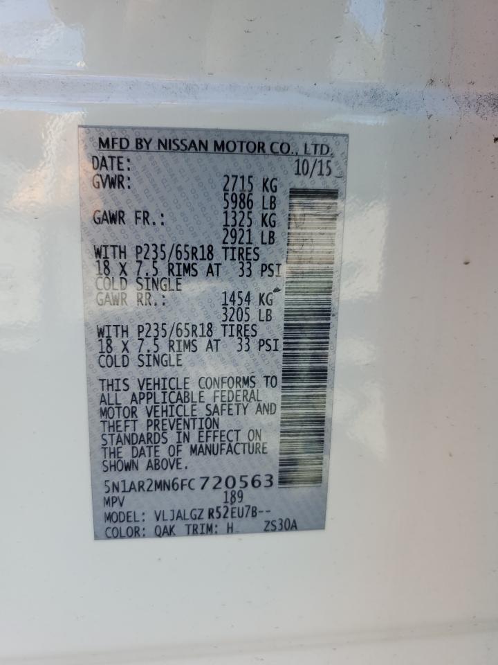 2015 Nissan Pathfinder S VIN: 5N1AR2MN6FC720563 Lot: 85748015