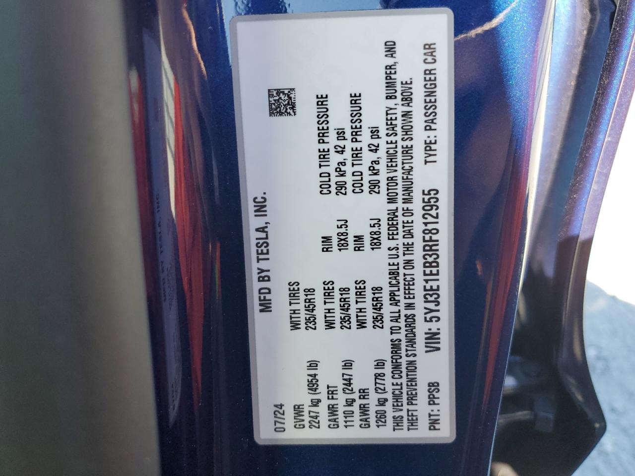 2024 Tesla Model 3 VIN: 5YJ3E1EB3RF812955 Lot: 86426295