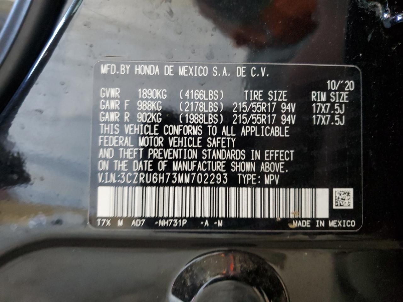 2021 Honda Hr-V Exl VIN: 3CZRU6H73MM702293 Lot: 84700745