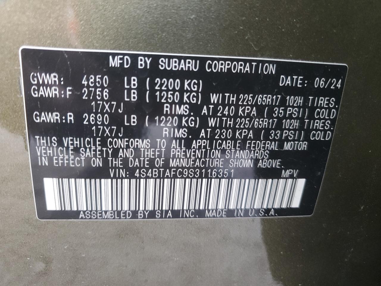 2025 Subaru Outback Premium VIN: 4S4BTAFC9S3116351 Lot: 87403085