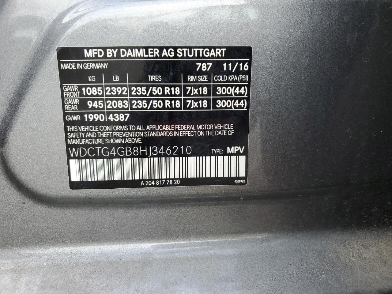 2017 Mercedes-Benz Gla 250 4Matic VIN: WDCTG4GB8HJ346210 Lot: 82200565