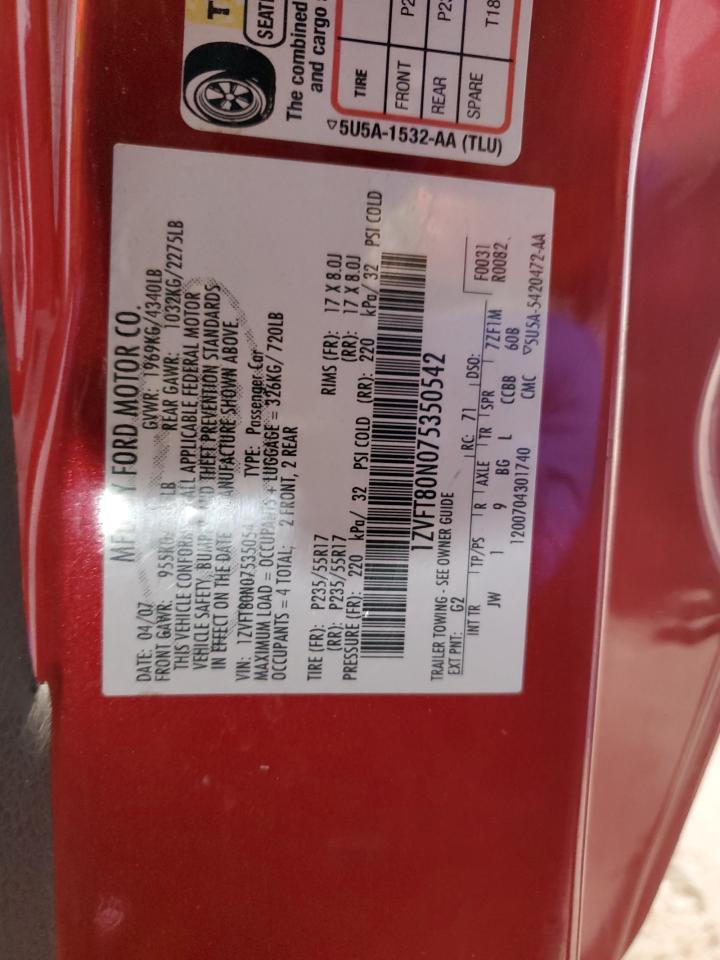 2007 Ford Mustang VIN: 1ZVFT80N075350542 Lot: 82374125