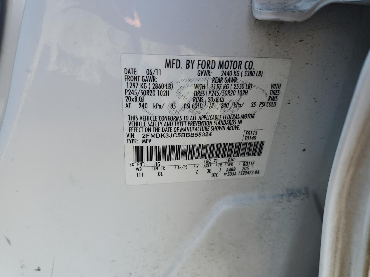 2011 Ford Edge Sel VIN: 2FMDK3JC5BBB55324 Lot: 85712335