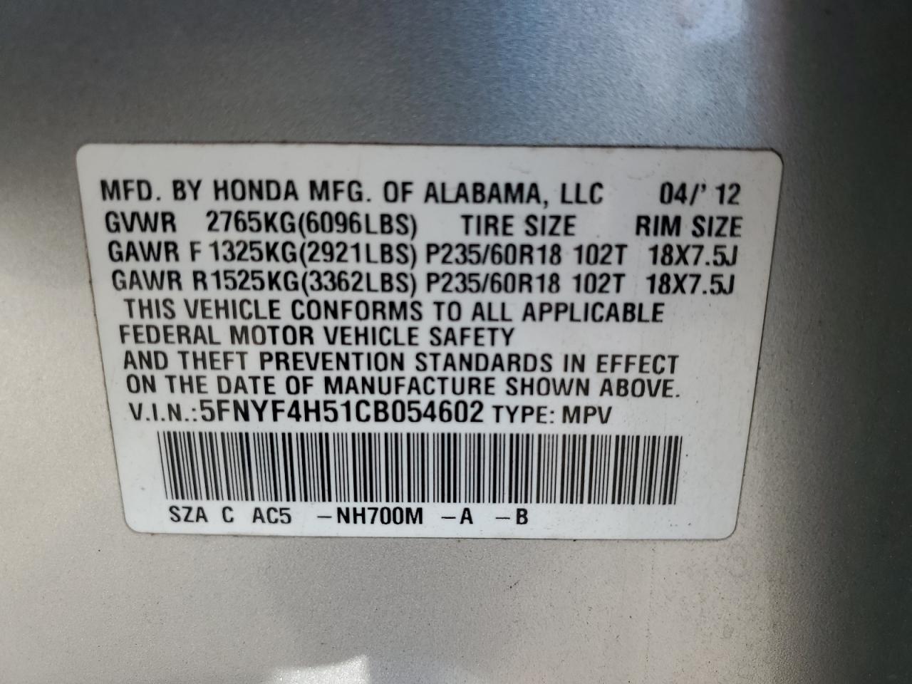 2012 Honda Pilot Exl VIN: 5FNYF4H51CB054602 Lot: 81595495
