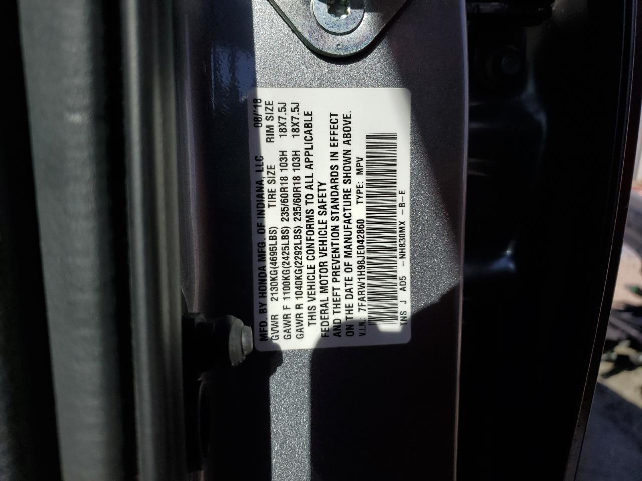 2018 Honda Cr-V Touring VIN: 7FARW1H98JE042860 Lot: 87402285