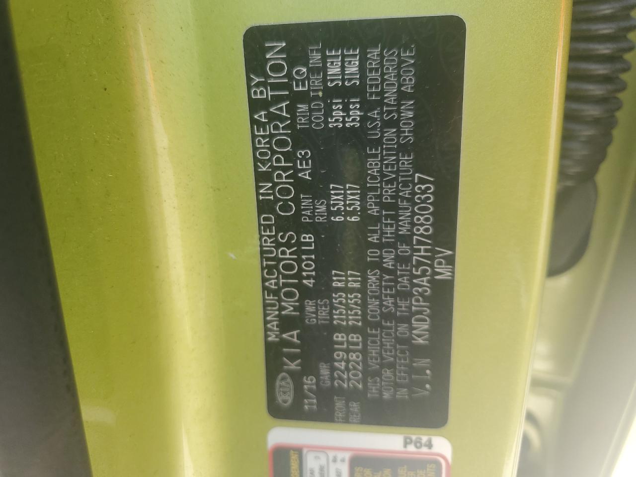 2017 Kia Soul + VIN: KNDJP3A57H7880337 Lot: 86646585