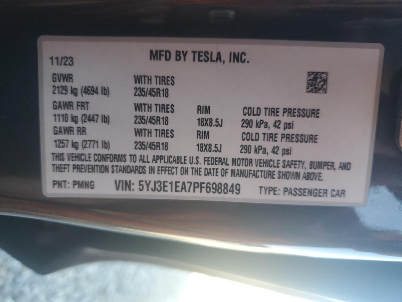 2023 Tesla Model 3 VIN: 5YJ3E1EA7PF698849 Lot: 87263305