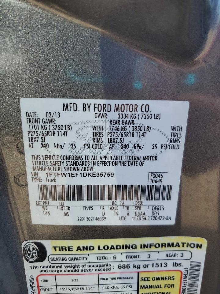 2013 Ford F150 Supercrew VIN: 1FTFW1EF1DKE35759 Lot: 87118355