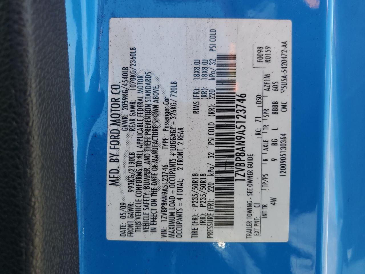 2010 Ford Mustang VIN: 1ZVBP8AN9A5123746 Lot: 82748525