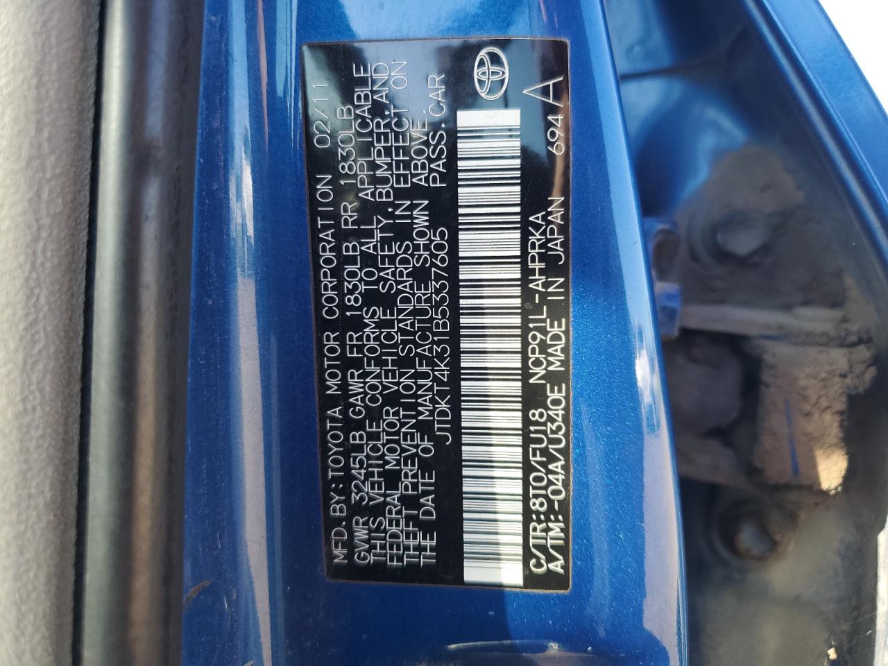 2011 Toyota Yaris VIN: JTDKT4K31B5337605 Lot: 81968435