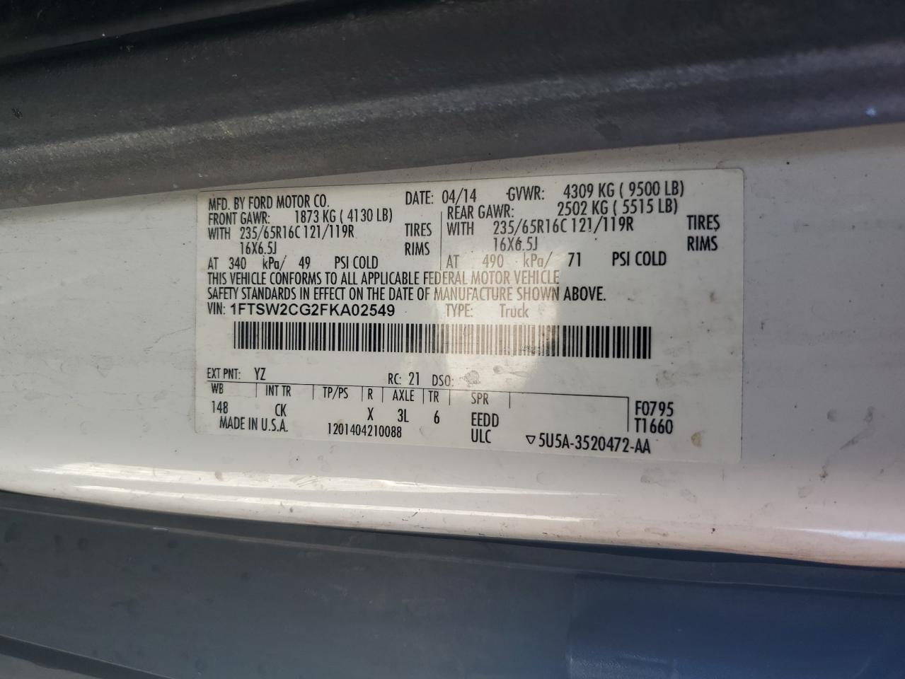 2015 Ford Transit Cargo Van T- VIN: 1FTSW2CG2FKA02549 Lot: 84899335