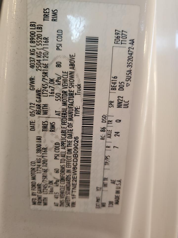 2012 Ford Econoline E250 Van VIN: 1FTNE2EW6CDB09026 Lot: 82144785