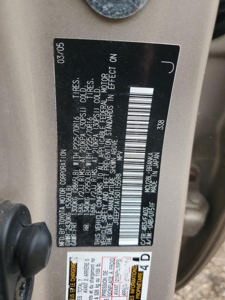 2005 Toyota Highlander Limited VIN: JTEEP21A150115598 Lot: 85055975