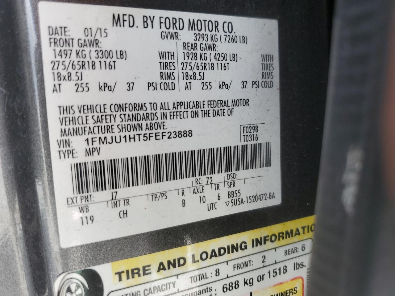 2015 Ford Expedition Xlt VIN: 1FMJU1HT5FEF23888 Lot: 85314265