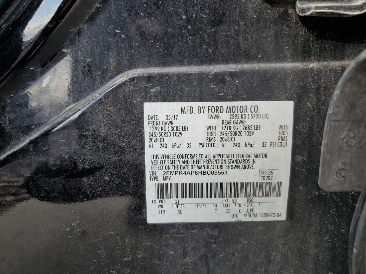 2017 Ford Edge Sport VIN: 2FMPK4AP8HBC09553 Lot: 85354465