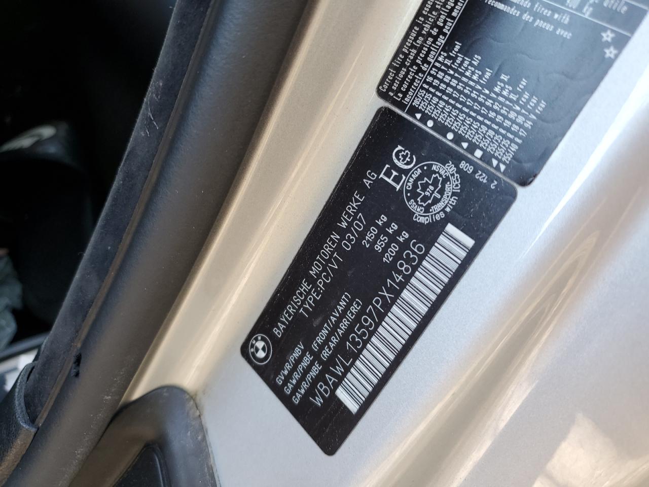 2007 BMW 328 I VIN: WBAWL13597PX14836 Lot: 85321465