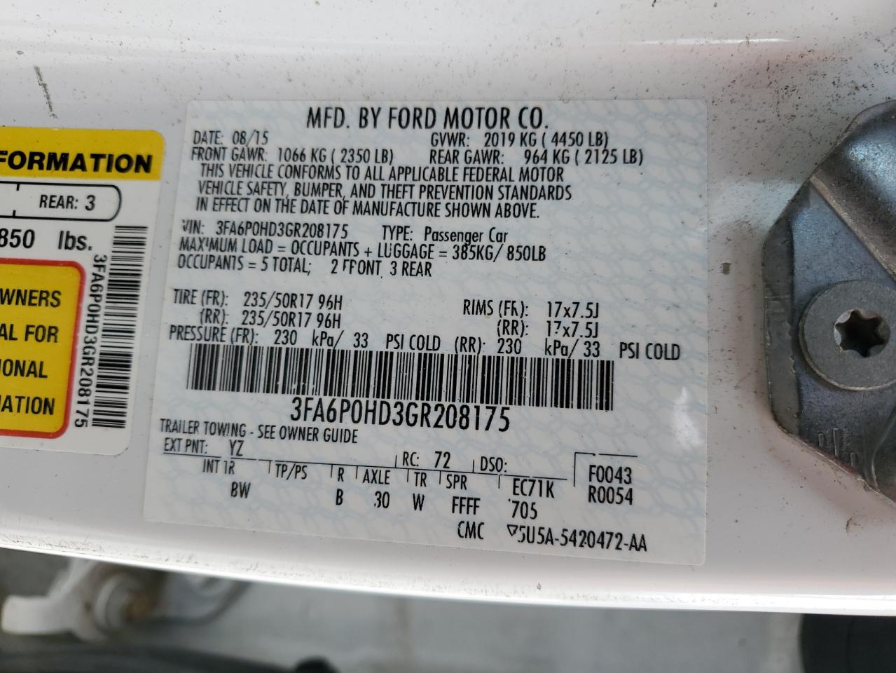 2016 Ford Fusion Se VIN: 3FA6P0HD3GR208175 Lot: 85840035