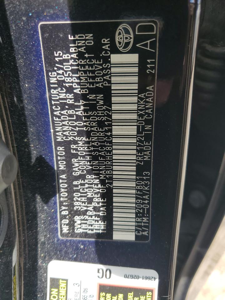 2015 Toyota Corolla L VIN: 2T1BURHE8FC411727 Lot: 82342995