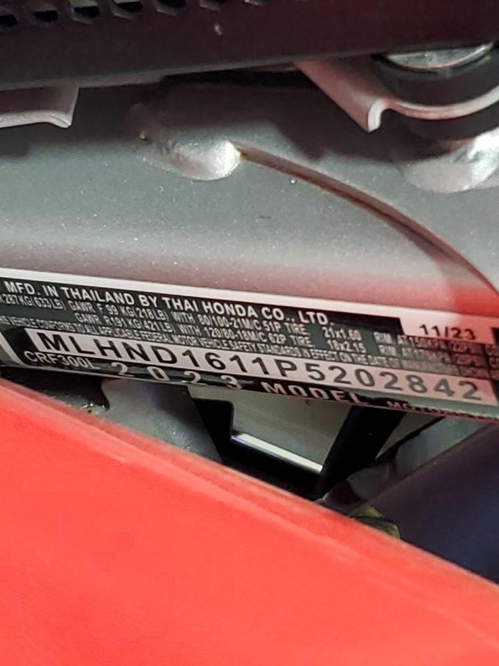 2023 Honda Crf300 L VIN: MLHND1611P5202842 Lot: 89470015