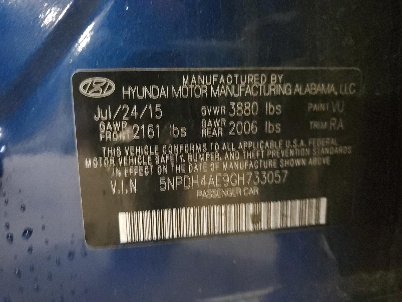 2016 Hyundai Elantra Se VIN: 5NPDH4AE9GH733057 Lot: 86098575