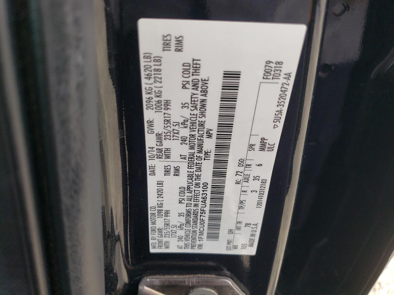 2015 Ford Escape S VIN: 1FMCU0F75FUA63100 Lot: 90083855