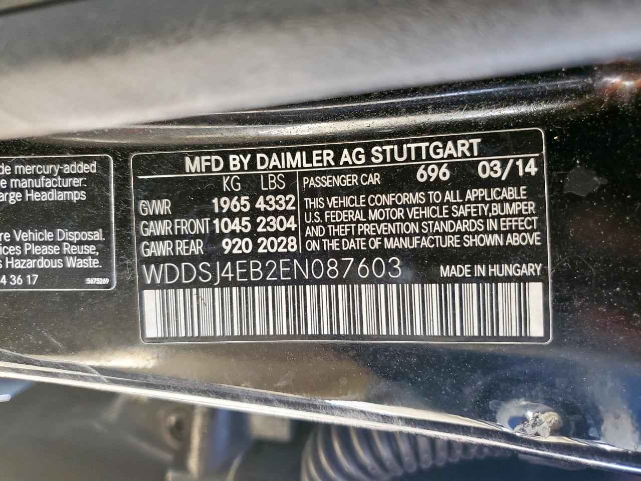 2014 Mercedes-Benz Cla 250 VIN: WDDSJ4EB2EN087603 Lot: 82483205