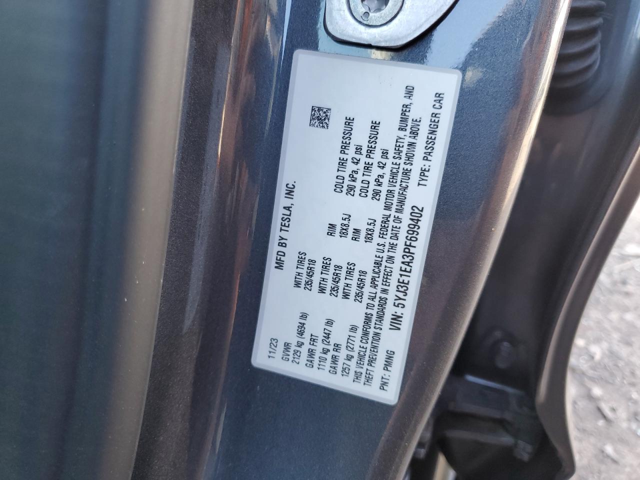 2023 Tesla Model 3 VIN: 5YJ3E1EA3PF699402 Lot: 85317835