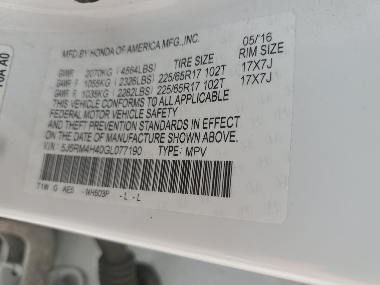 2016 Honda Cr-V Se VIN: 5J6RM4H40GL077190 Lot: 84635295