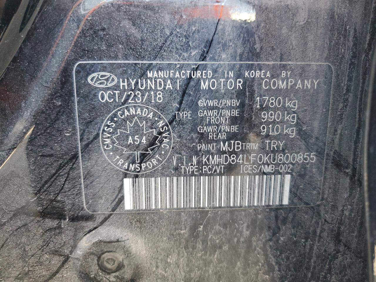 2019 Hyundai Elantra Sel VIN: KMHD84LF0KU800855 Lot: 86091345