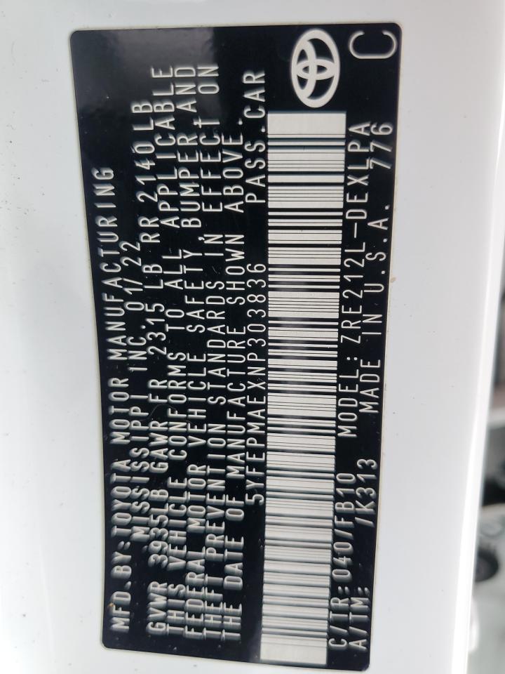 2022 Toyota Corolla Le VIN: 5YFEPMAEXNP303836 Lot: 85144225