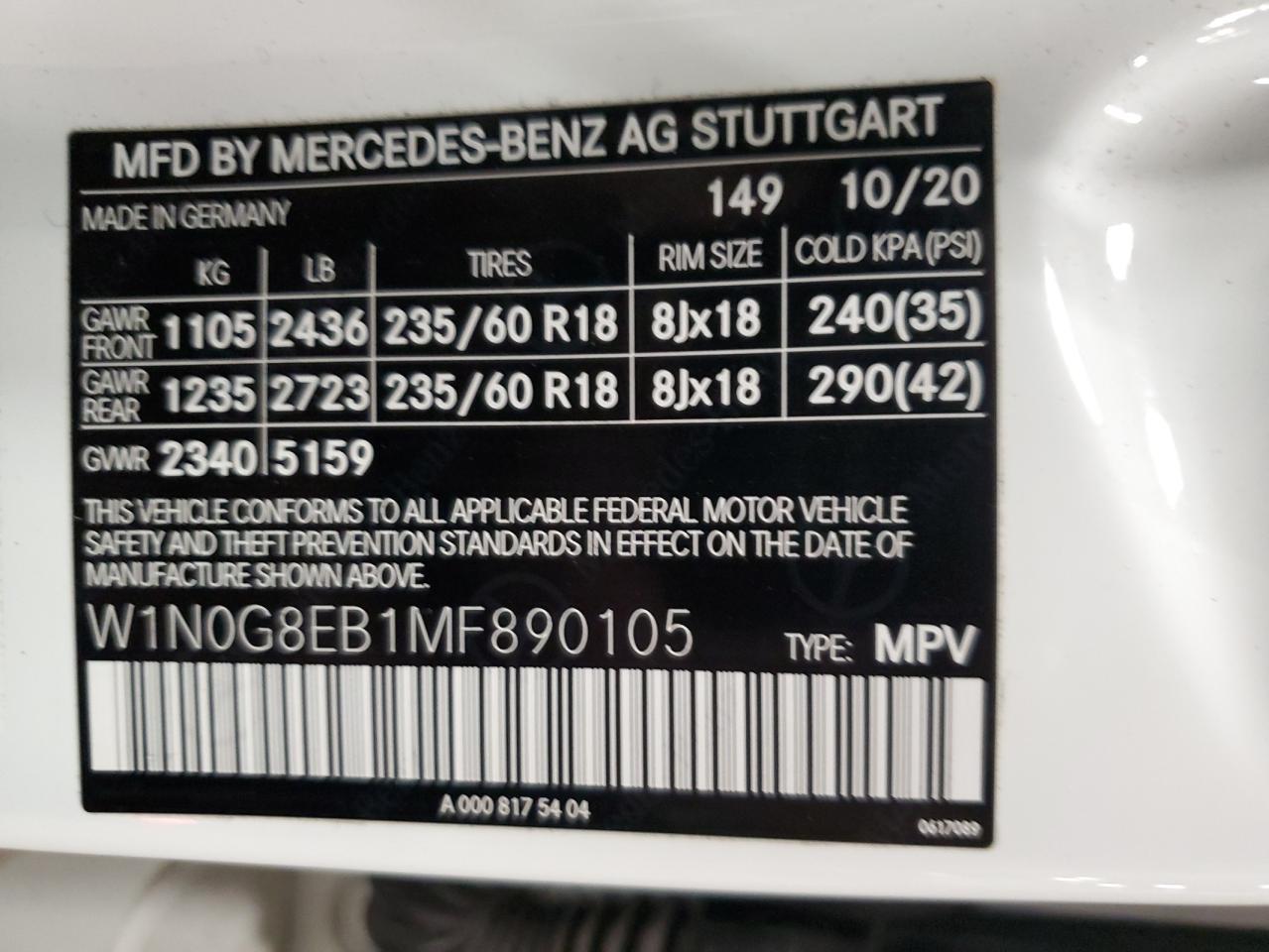 2021 Mercedes-Benz Glc 300 4Matic VIN: W1N0G8EB1MF890105 Lot: 82483785