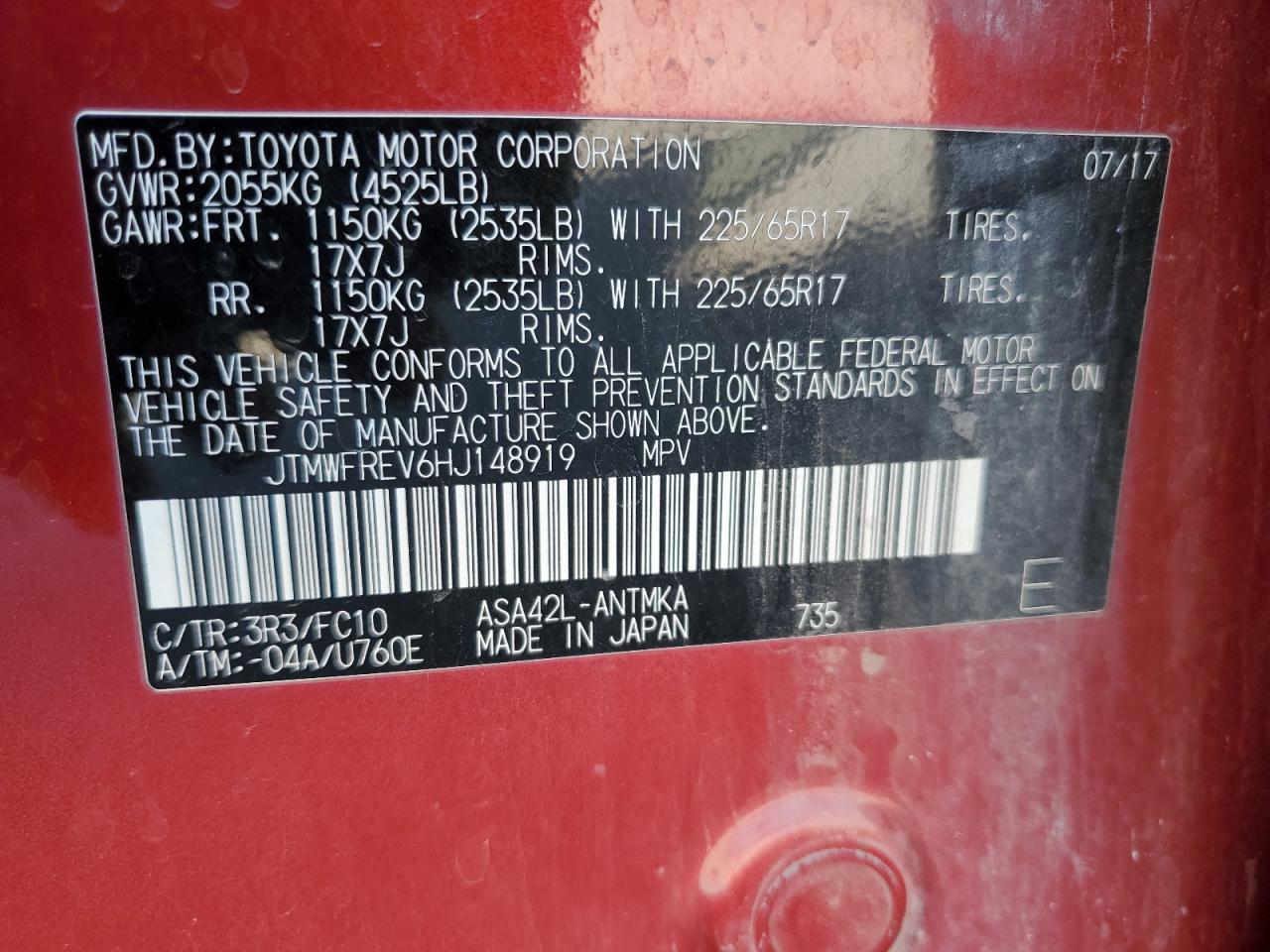 2017 Toyota Rav4 Xle VIN: JTMWFREV6HJ148919 Lot: 89564265