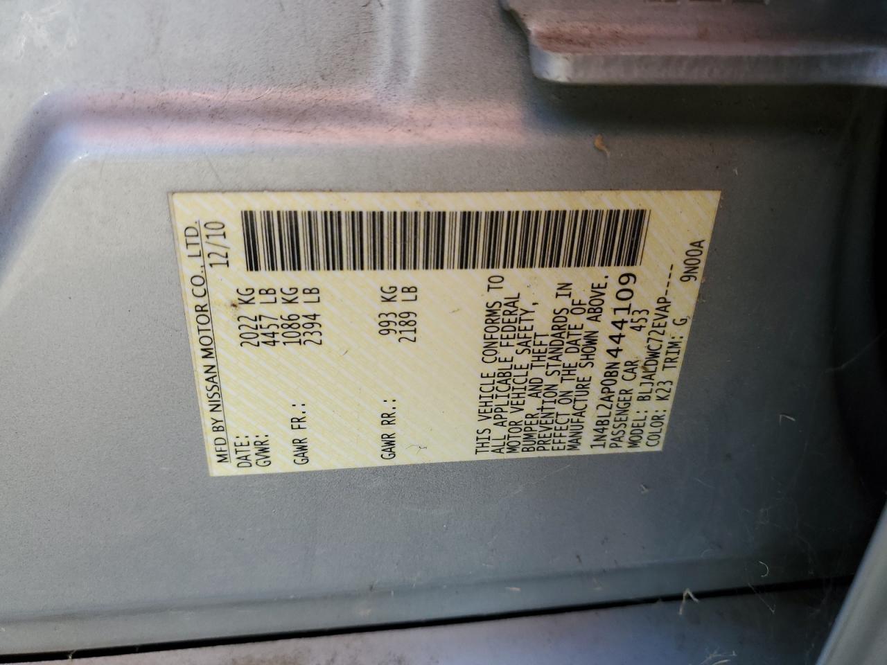 2011 Nissan Altima Sr VIN: 1N4BL2AP0BN444109 Lot: 89508095