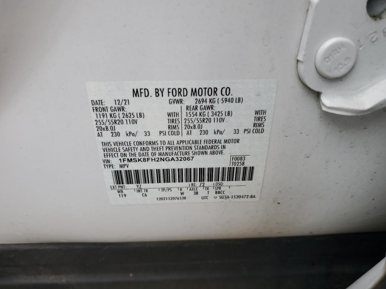 2022 Ford Explorer Limited VIN: 1FMSK8FH2NGA32067 Lot: 82246385