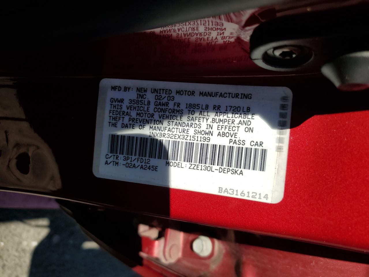 2003 Toyota Corolla Ce VIN: 1NXBR32EX3Z151199 Lot: 82366305