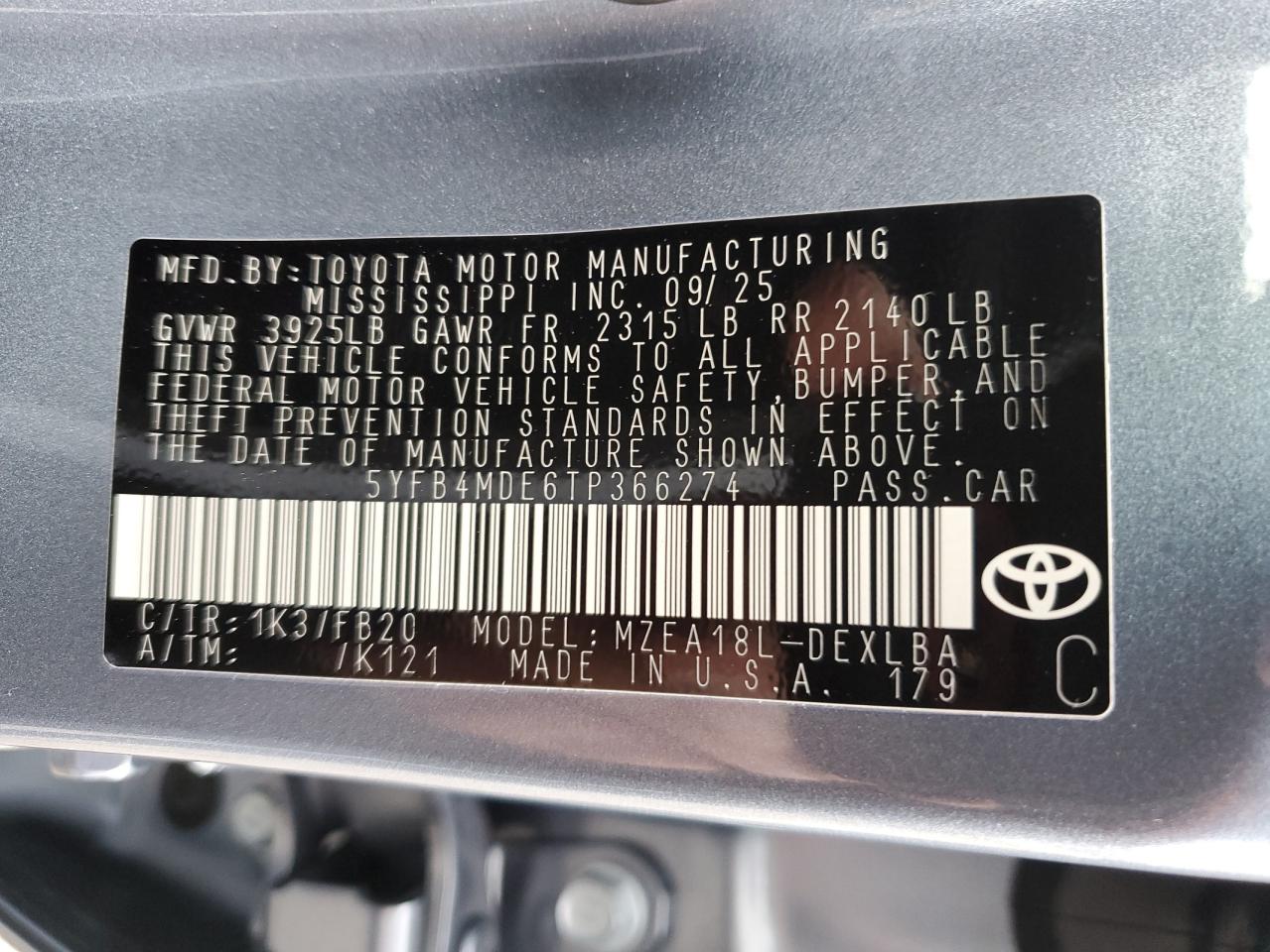 2026 Toyota Corolla Le VIN: 5YFB4MDE6TP366274 Lot: 82379445