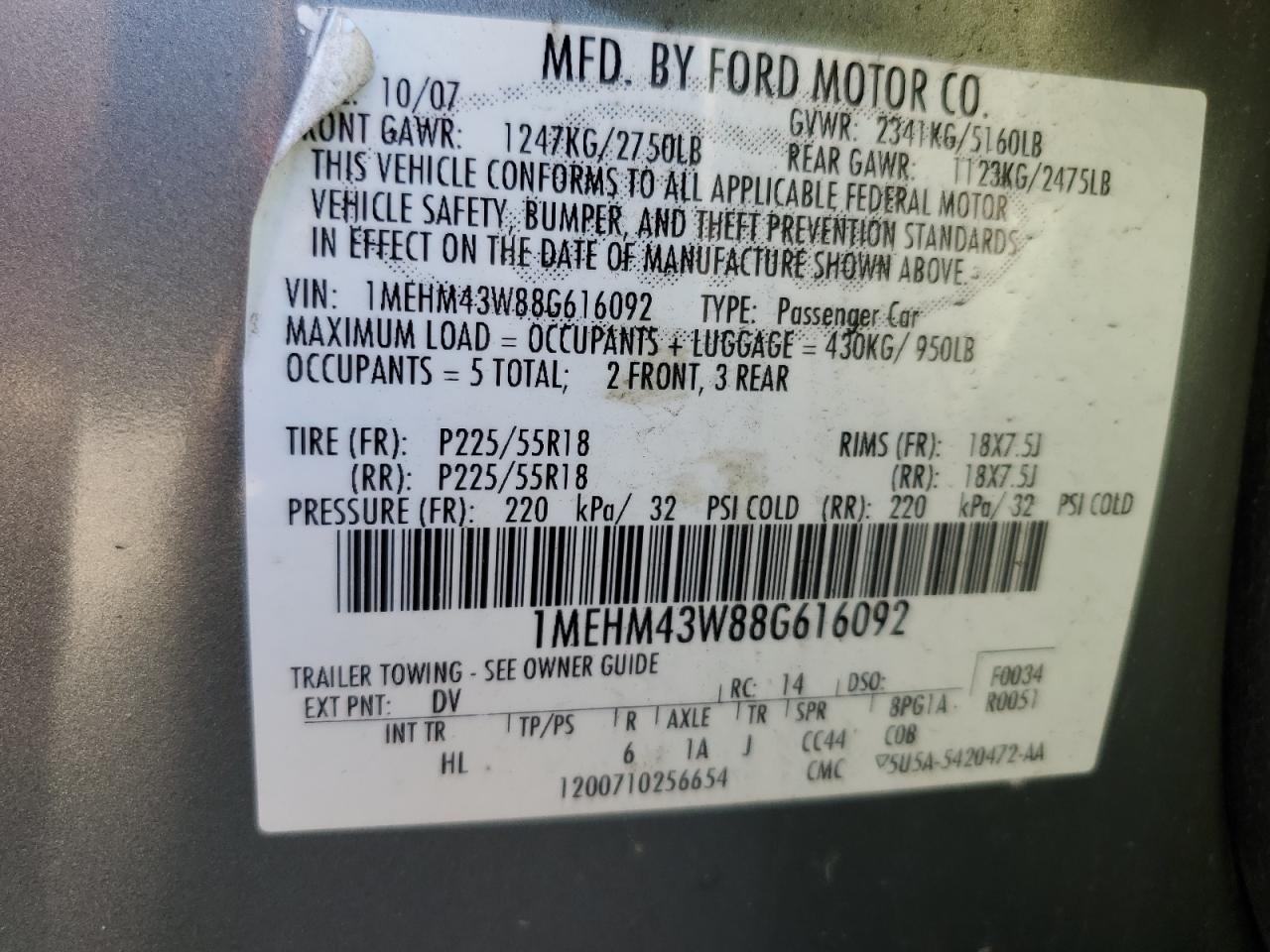 2008 Mercury Sable Premier VIN: 1MEHM43W88G616092 Lot: 85339205