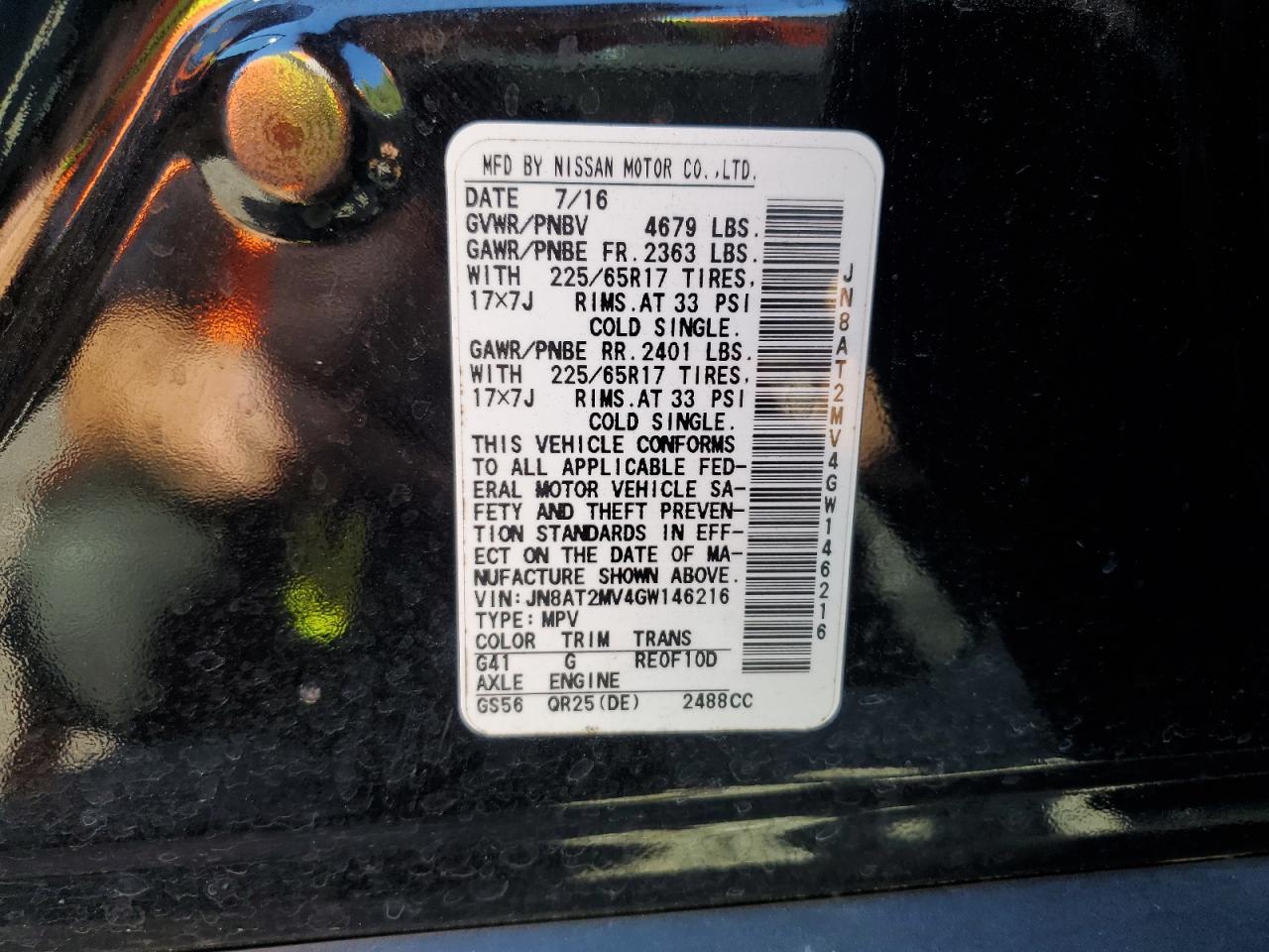 2016 Nissan Rogue S VIN: JN8AT2MV4GW146216 Lot: 84953615