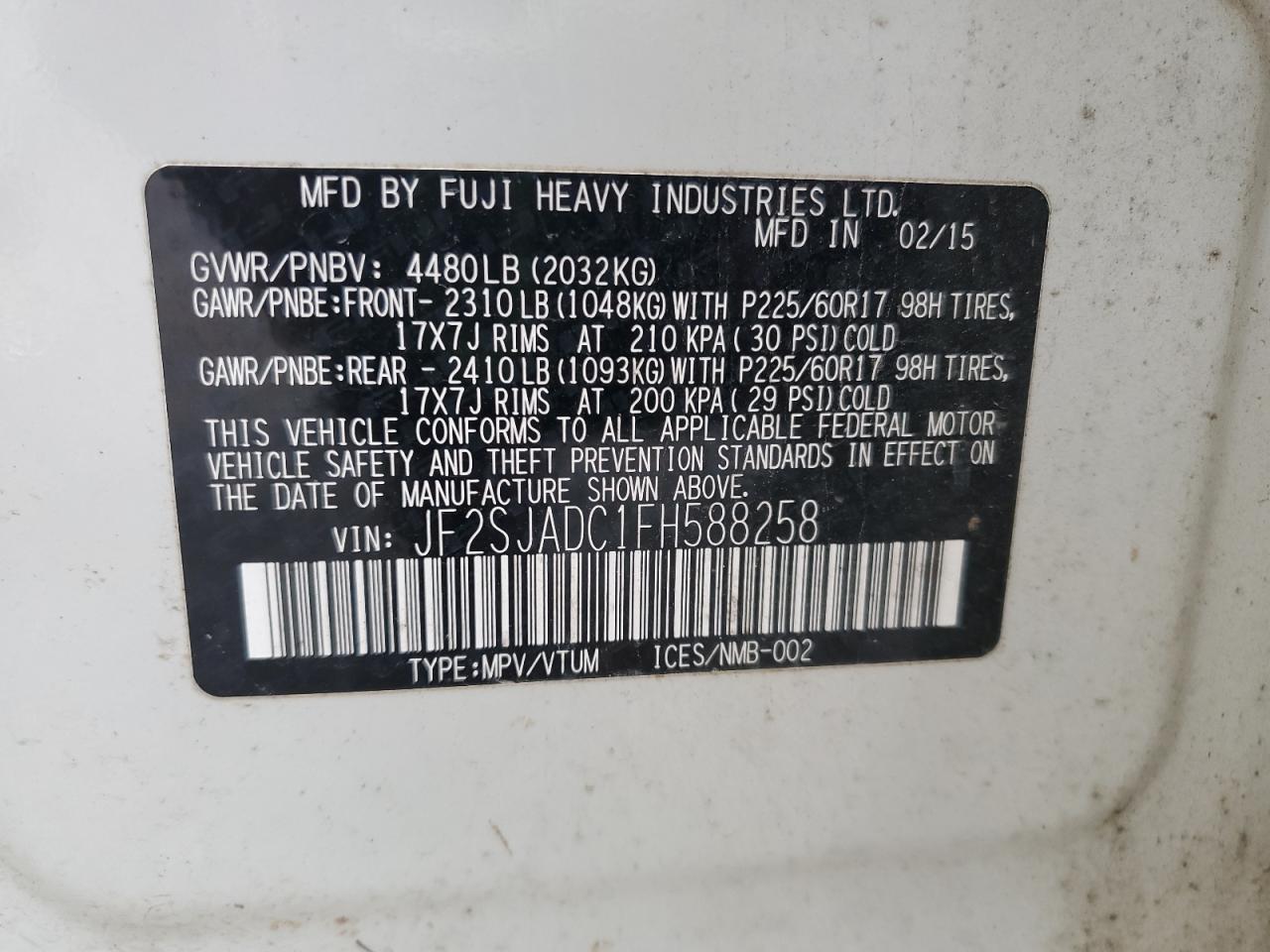 2015 Subaru Forester 2.5I Premium VIN: JF2SJADC1FH588258 Lot: 84636665