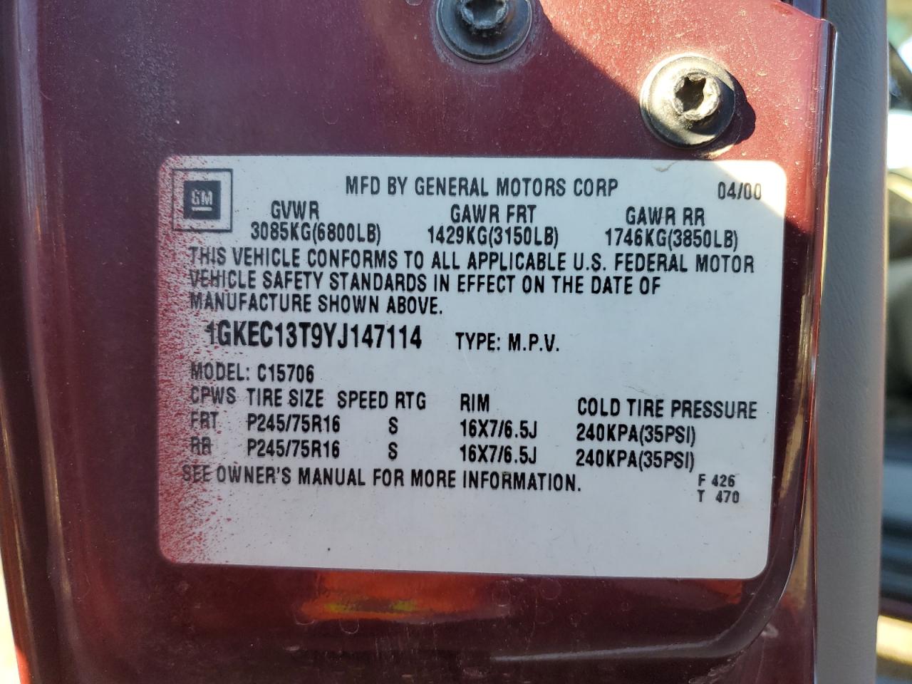 2000 GMC Yukon VIN: 1GKEC13T9YJ147114 Lot: 87263945