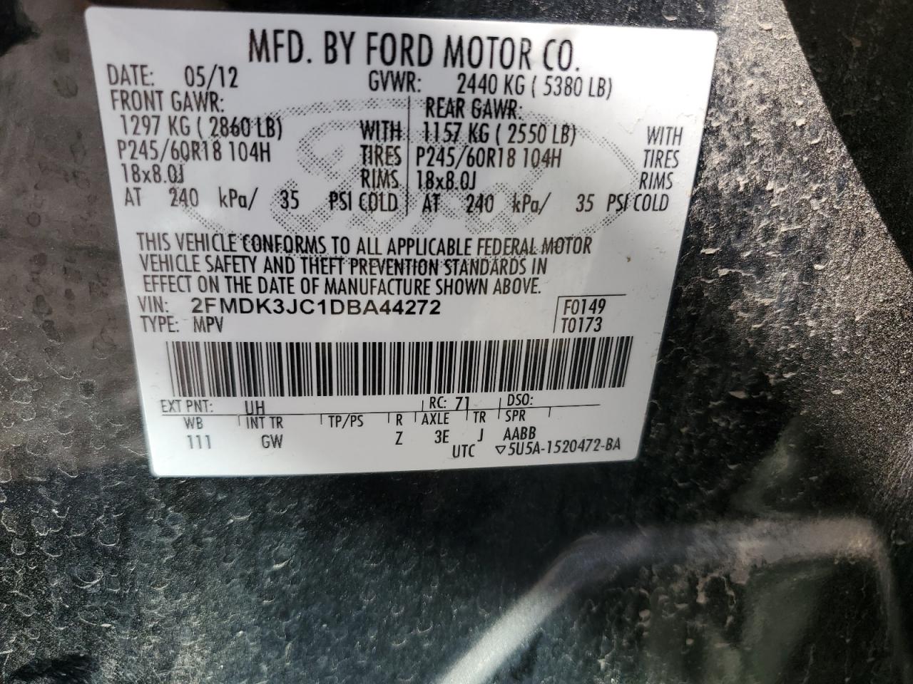 2013 Ford Edge Sel VIN: 2FMDK3JC1DBA44272 Lot: 85097245
