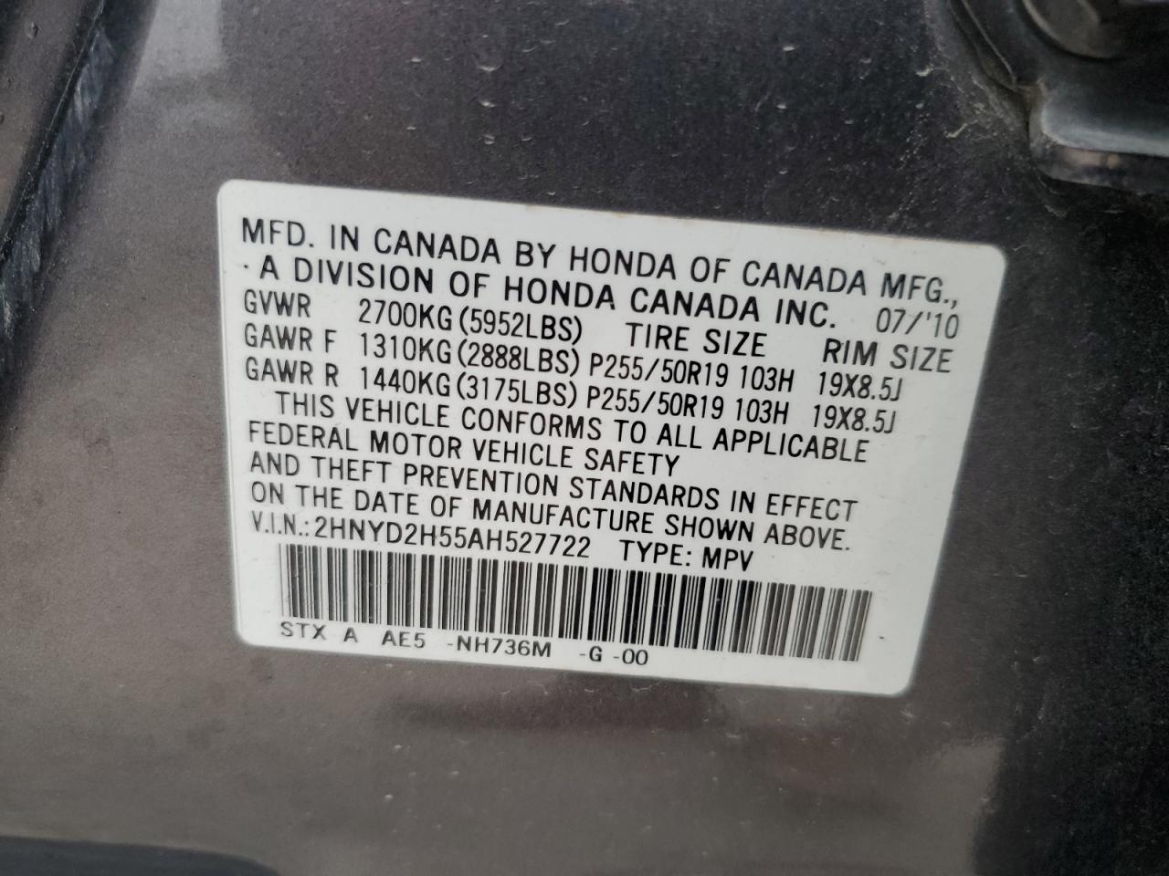 2010 Acura Mdx Advance VIN: 2HNYD2H55AH527722 Lot: 89926235