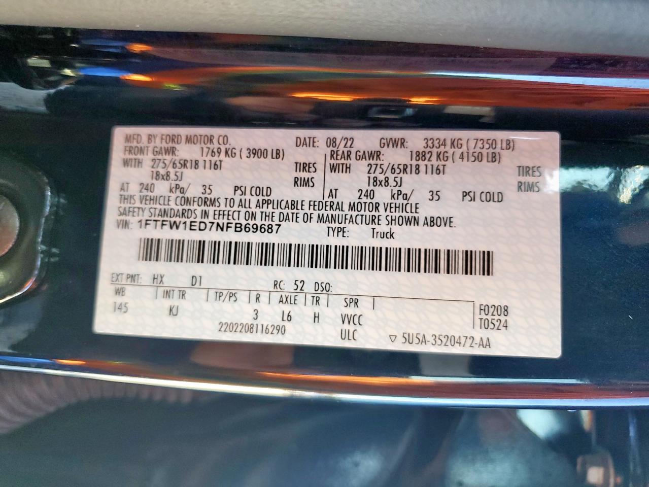 2022 Ford F150 Supercrew VIN: 1FTFW1ED7NFB69687 Lot: 91046645