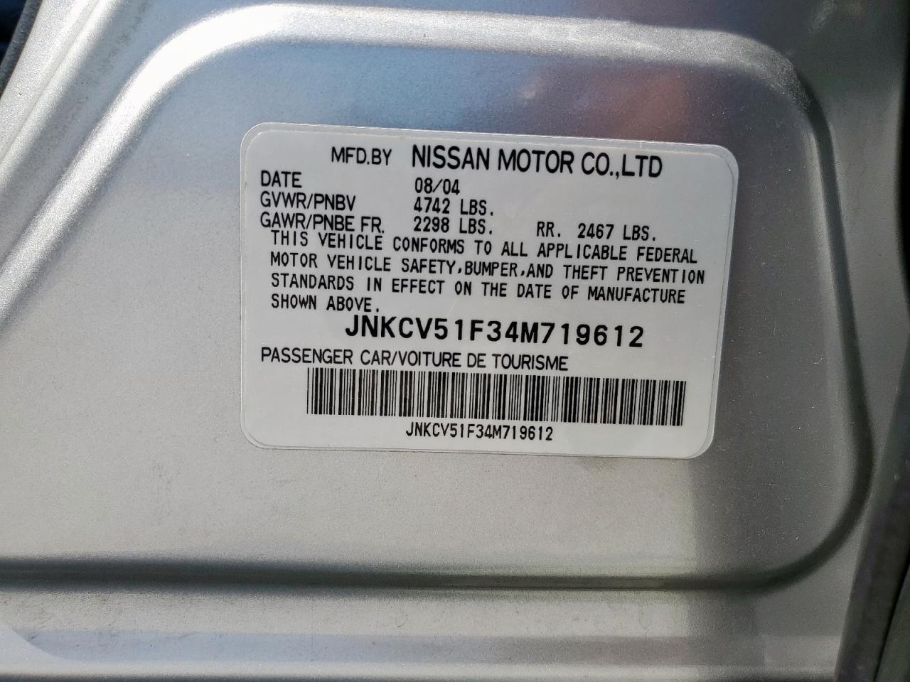 2004 Infiniti G35 VIN: JNKCV51F34M719612 Lot: 84948205