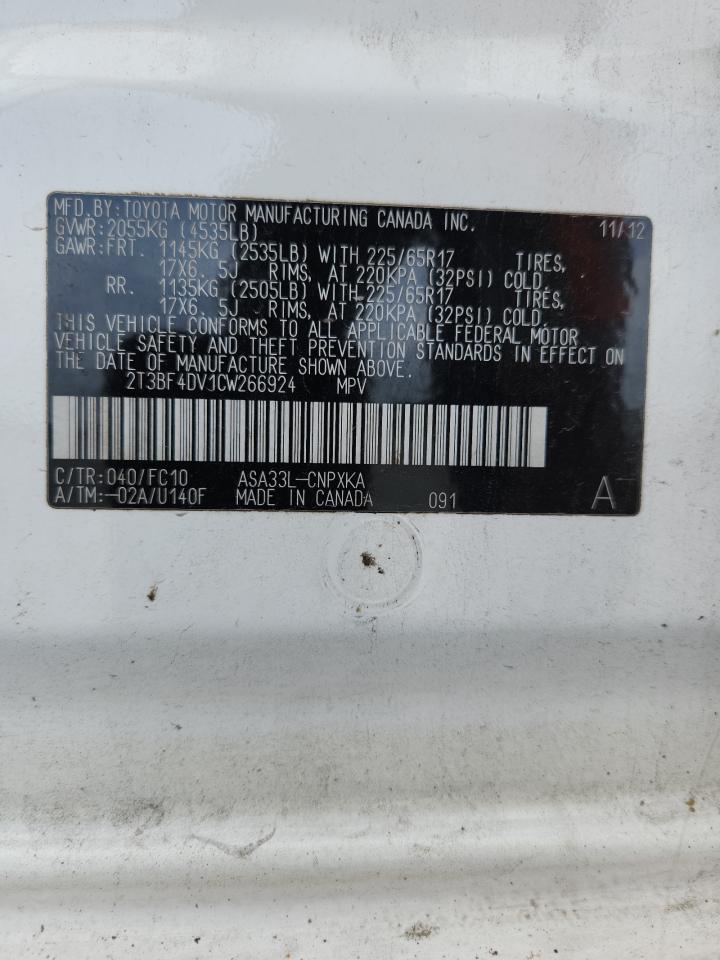 2012 Toyota Rav4 VIN: 2T3BF4DV1CW266924 Lot: 84709225